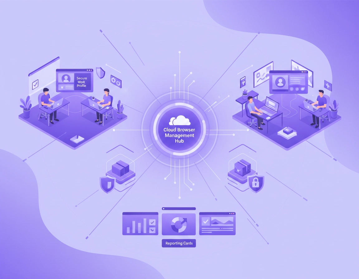 Illustration of Chrome Enterprise managing a remote workforce with secure browser policies, work profiles, extension controls, reporting, and home-office users in a clean premium purple style.