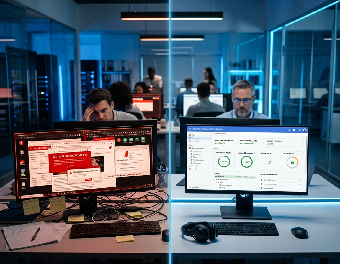 Enterprise browser evaluation illustration showing IT, security, and procurement stakeholders reviewing Chrome browser management dashboards, browser policy controls, extension governance settings, and demo qualification notes.