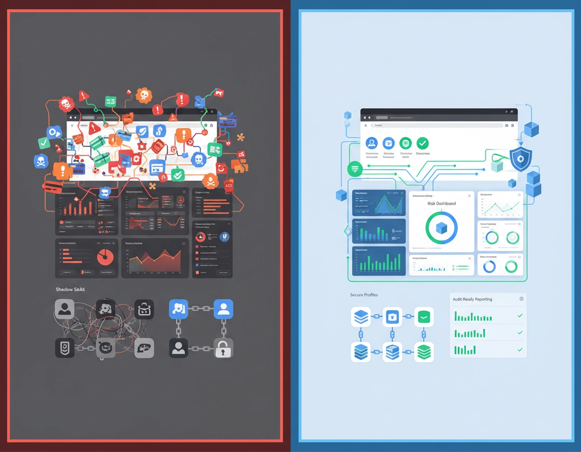 Chrome Enterprise risk management illustration with browser policies, extension controls, security alerts, dashboards, and shield icons in a purple ChromeThemer style.