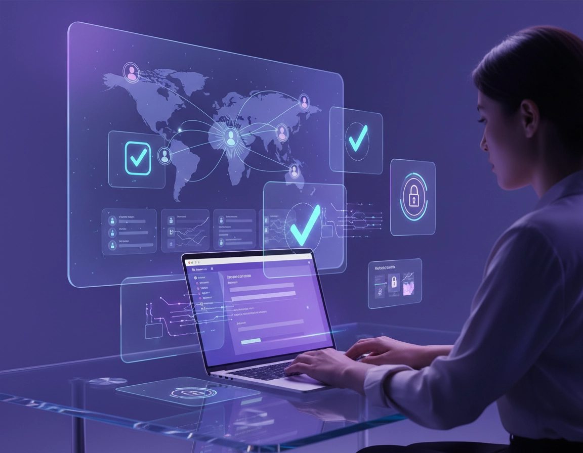 Purple ChromeThemer style illustration showing remote employees accessing business apps through a managed Chrome Enterprise browser with policy shields, device trust, and secure session controls.