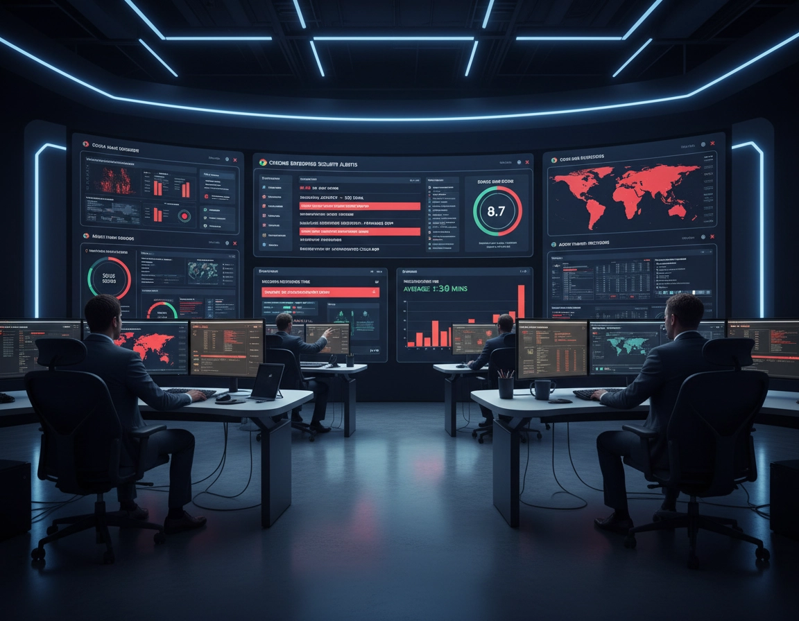 Enterprise browser security operations illustration showing Chrome alert queues, risky extension detections, unsafe site events, DLP incidents, and analyst dashboards in a clean purple ChromeThemer style.