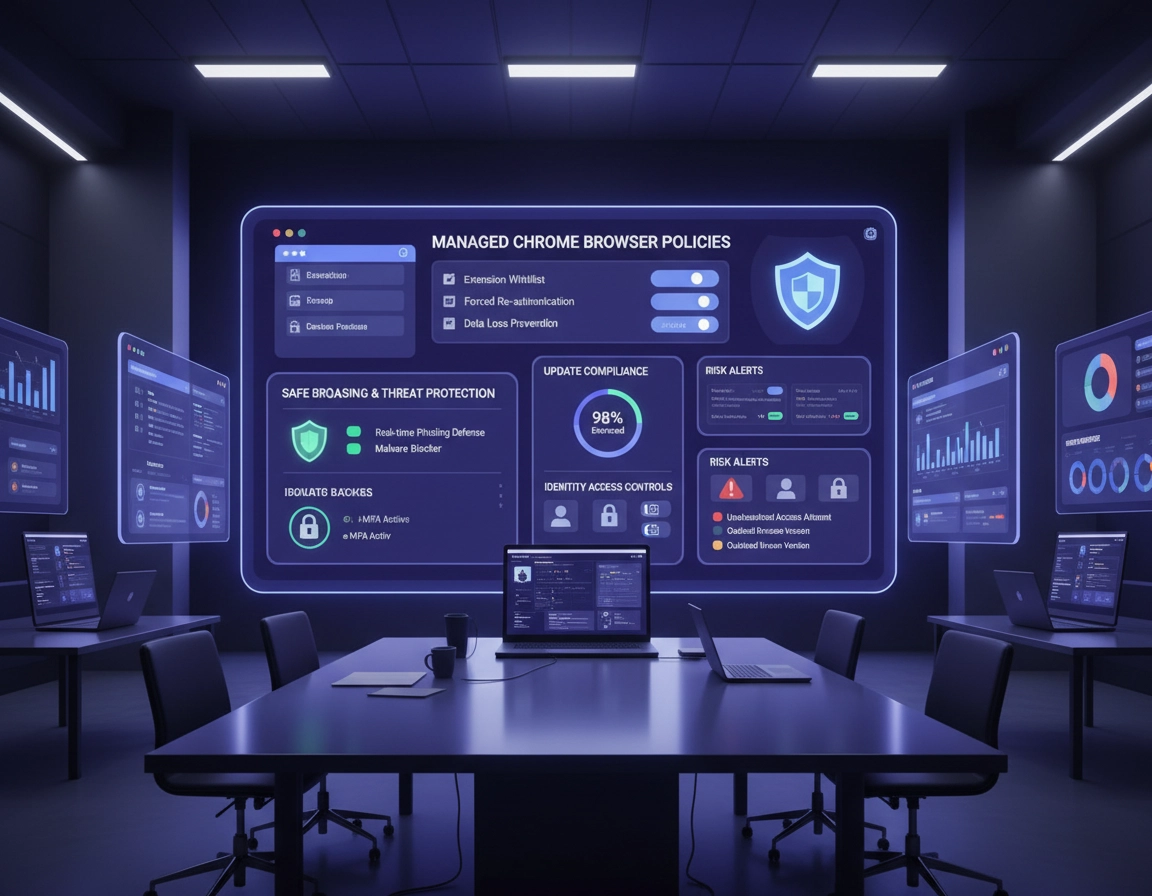 Chrome Enterprise security illustration showing browser policy governance, approved extensions, safer browsing, update control, reporting, and enterprise access protection.
