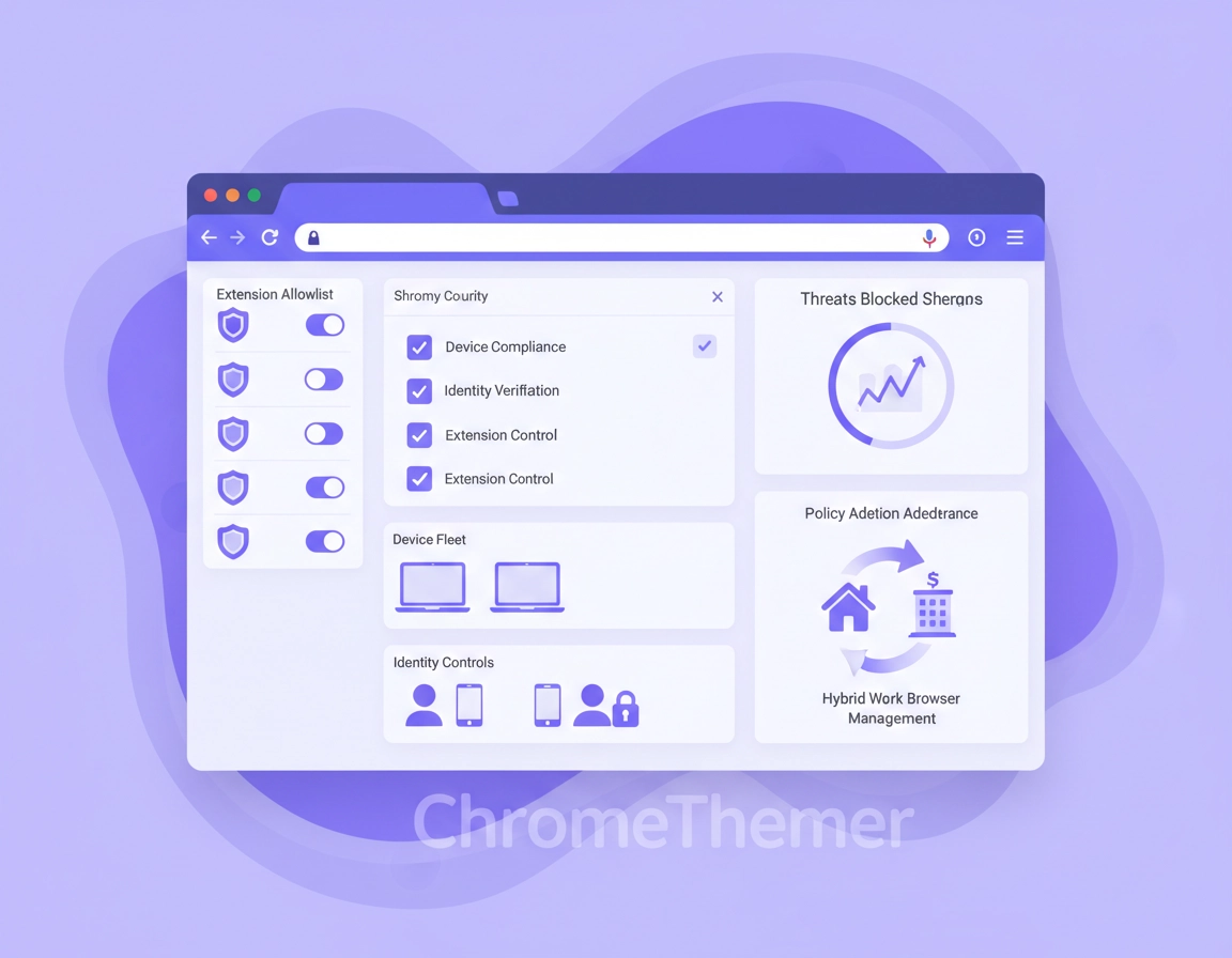 Chrome Enterprise security checklist illustration with a managed browser dashboard, policy controls, extension governance, reporting panels, and security shields in ChromeThemer purple.