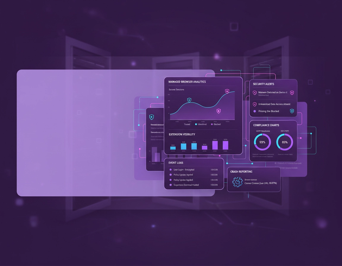 Chrome Enterprise Security Reporting dashboard with browser analytics, extension visibility and risk alerts