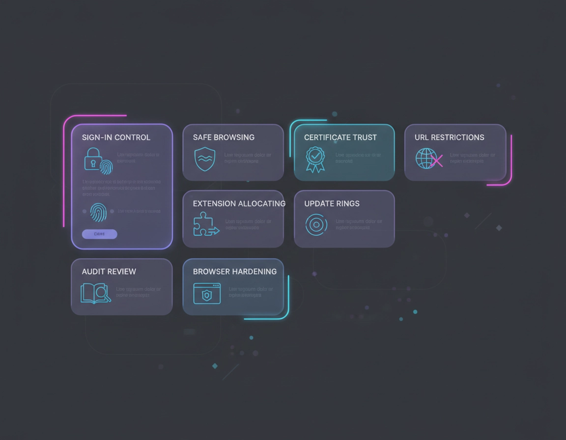 Illustration of a managed Chrome enterprise security dashboard showing policy controls for sign-in, Safe Browsing, extension governance, updates, certificates, and browser hardening.