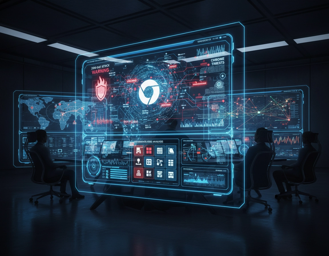 Illustration of managed Chrome Enterprise browsers sending security events, extension risk signals, malware analysis results, and browser telemetry into a security operations dashboard.