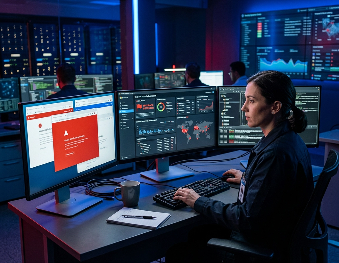 Enterprise security analyst reviewing a managed Chrome threat incident with extension warnings, policy controls, Safe Browsing alerts, and device isolation indicators in a purple ChromeThemer style illustration.