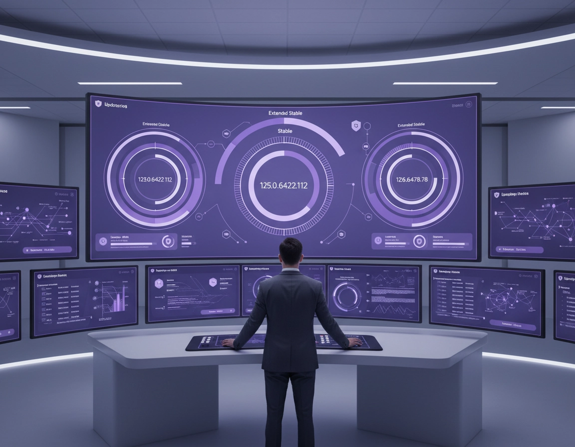 Enterprise Chrome browser update management illustration showing release channels, deployment rings, version targeting, rollback controls, and browser policy governance.