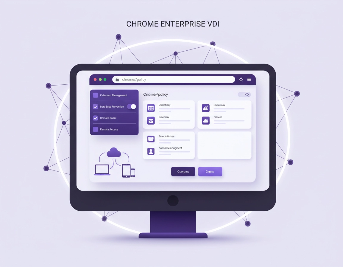 Illustration of Chrome Enterprise inside a managed VDI environment with policy controls, user profiles, performance monitoring, and secure remote browser delivery.
