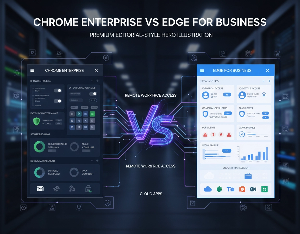 Business browser comparison illustration showing Chrome Enterprise and Edge for Business controls for policy management, work profiles, browser security, data protection, and extension governance.