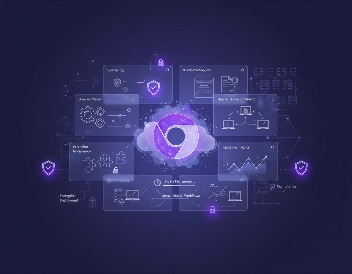 Enterprise browser management illustration showing Chrome browser policies, reporting, extension controls, cloud management, security layers, and deployment workflows in a clean purple ChromeThemer style.