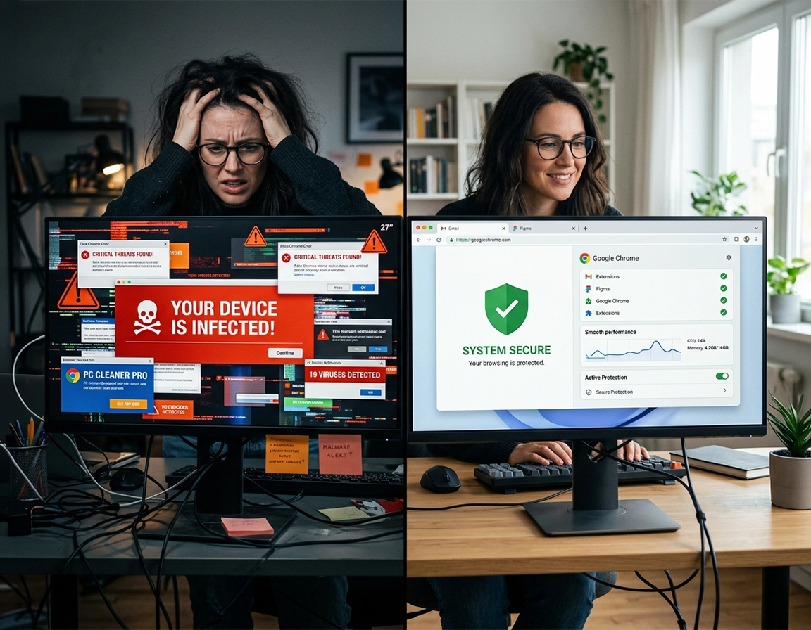 Compromised Chrome browser being cleaned through extension review, suspicious site permission removal, reset settings, full malware scan, and account security review