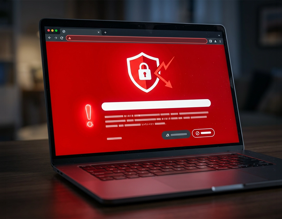 Chrome security illustration showing Safe Browsing, secure connections, blocked download warnings, and site-permission review.