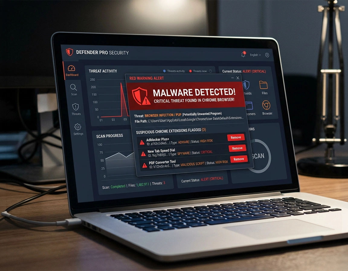 Antivirus scan detecting Chrome malware and suspicious extensions