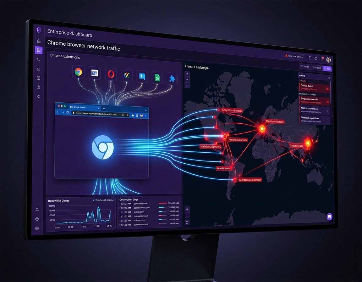 Chrome network threat monitoring dashboard showing suspicious domains and browser traffic alerts