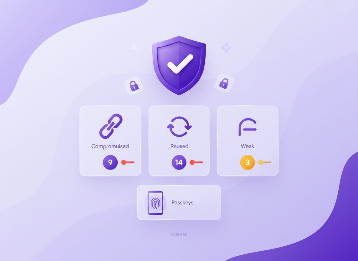 Chrome Password Checkup dashboard showing compromised, reused, and weak password alerts
