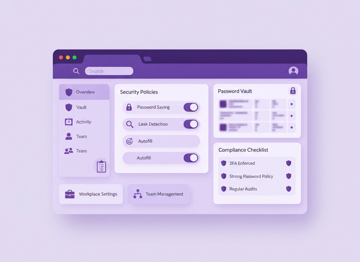 Business password security illustration showing a Chrome-style password vault, policy toggles, shield icons, and audit checklist in a clean purple style.