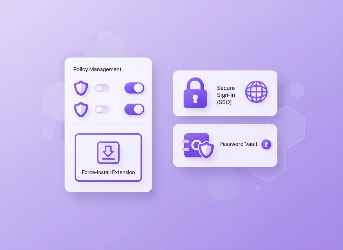 Enterprise Chrome browser management illustration showing a password manager extension rollout, policy shields, and secure sign-in controls in a clean purple ChromeThemer style.