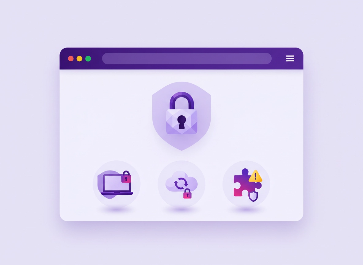 Chrome password manager security illustration showing a password vault, sync cloud, device lock, and extension permissions in a clean purple ChromeThemer style.