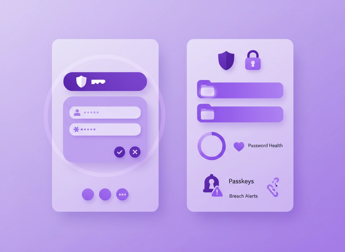 Illustration of a Chrome password prompt compared with a secure password vault dashboard, showing autofill, passkeys, breach alerts, and admin controls in a clean purple ChromeThemer style.