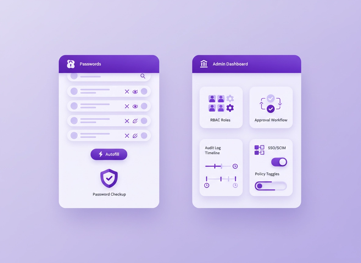 Split-screen illustration comparing Chrome’s built-in password manager with an enterprise password vault dashboard showing admin policies, audit logs, and role-based access controls in a clean purple ChromeThemer style.