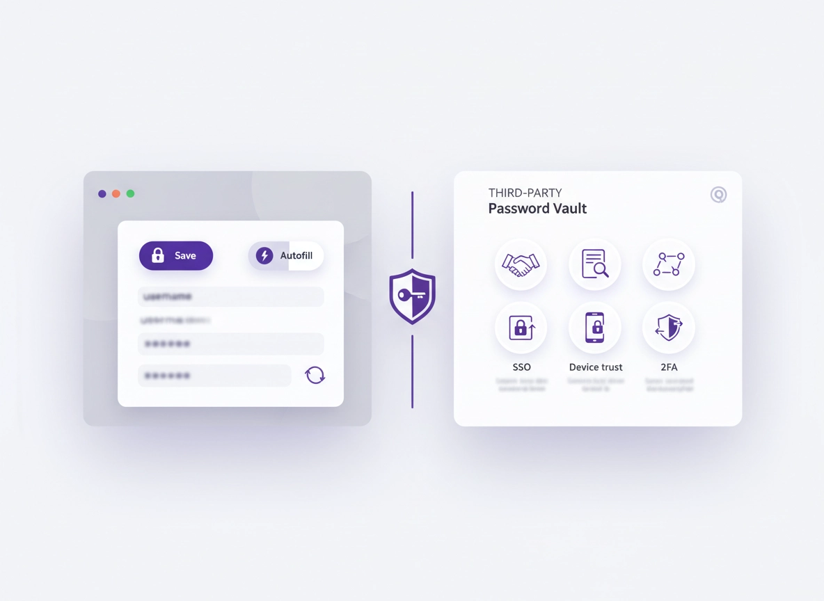 Illustration of a browser password vault comparison: Chrome password manager on one side and a third-party vault with sharing, auditing, and admin controls on the other.