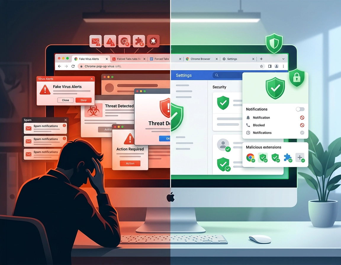 Chrome pop-up virus removal guide showing fake alerts and browser cleanup