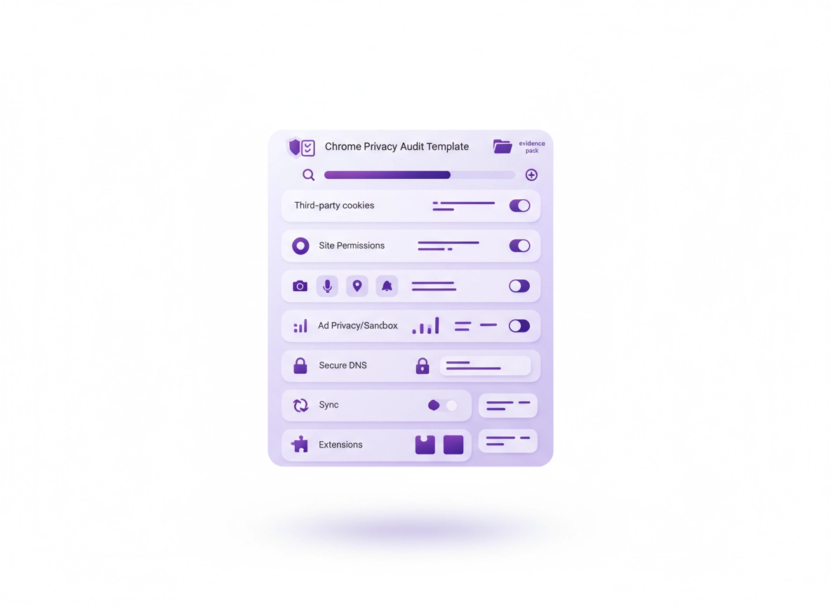 Chrome Privacy Audit Template checklist for cookies, permissions, ad privacy, Secure DNS, sync, and extensions