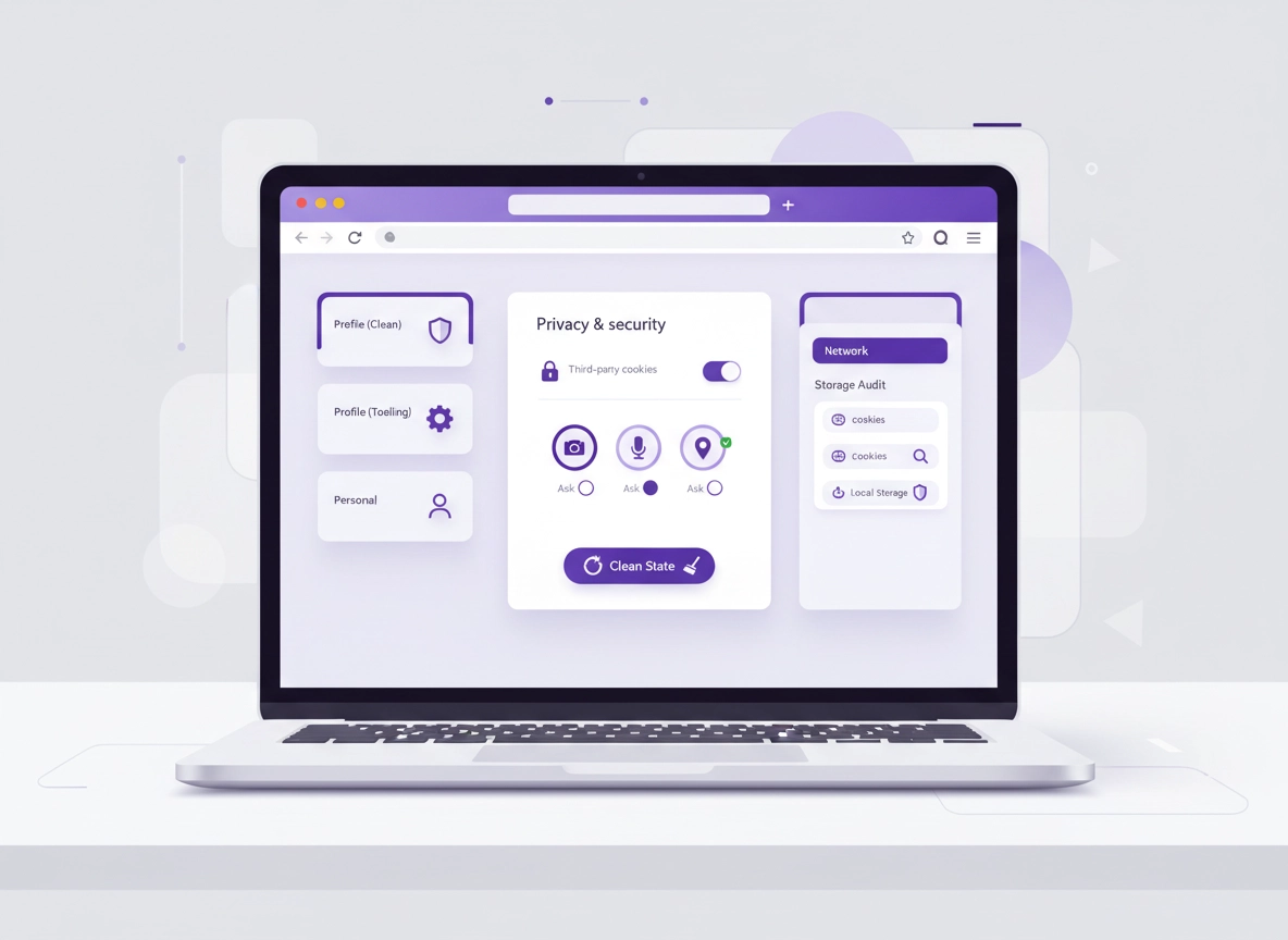 Chrome privacy for developers illustration showing isolated profiles, cookie controls, and DevTools panels