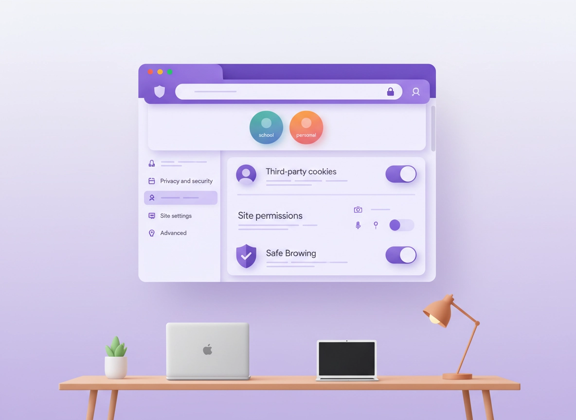 Chrome privacy settings for students showing separate school and personal profiles with security controls