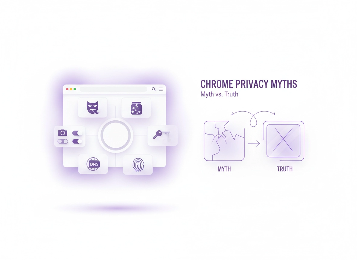 Chrome privacy myths illustrated: incognito, cookies, fingerprinting, VPN, DNS, and permissions