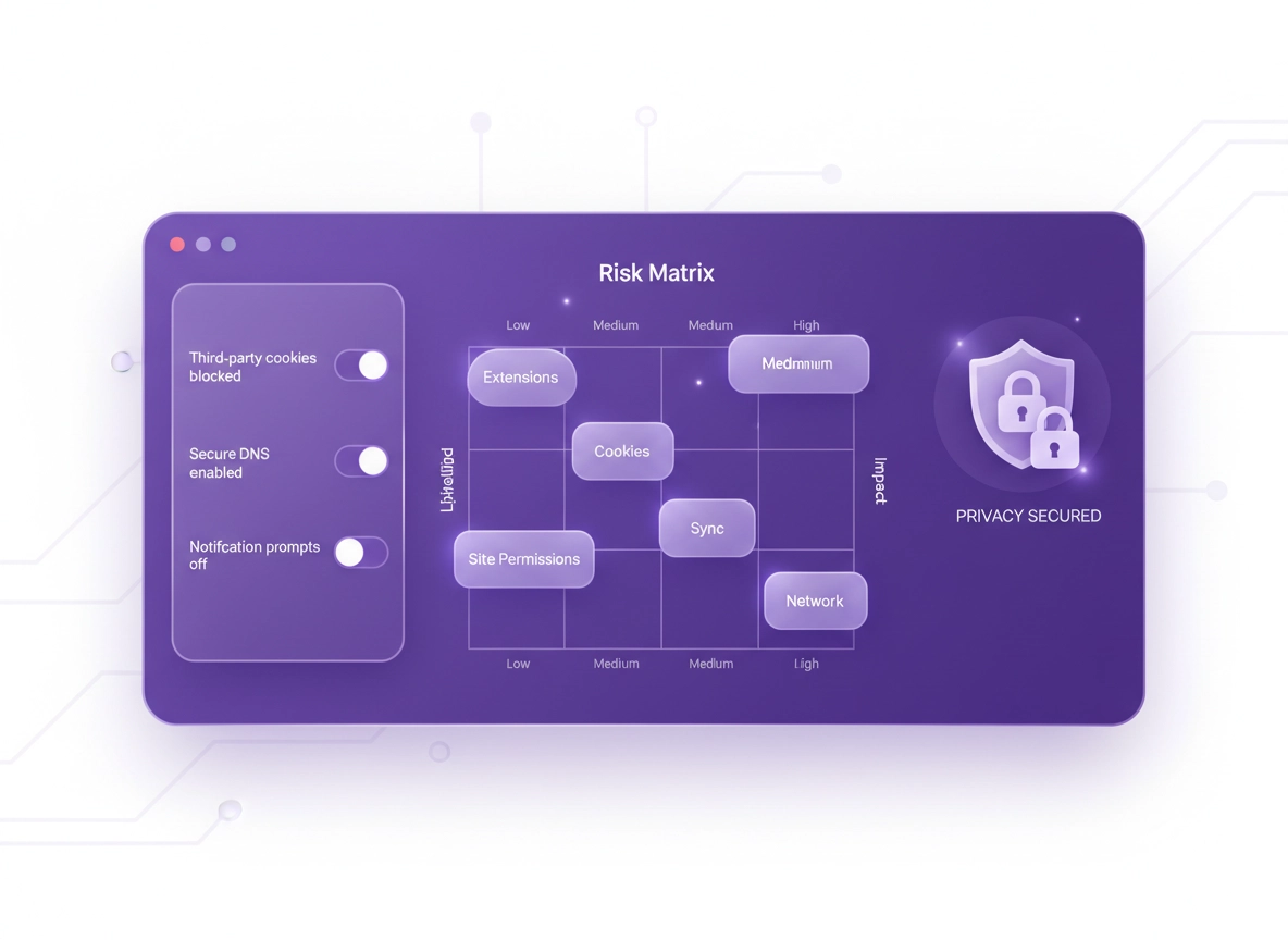 Chrome privacy risk assessment dashboard showing a risk matrix, cookie controls, site permissions, and extension access.