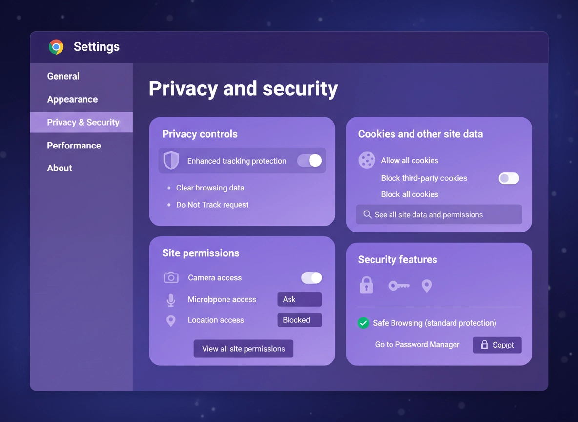 Chrome privacy and security settings overview showing cookies, Safe Browsing, site permissions, Secure DNS and HTTPS-Only controls