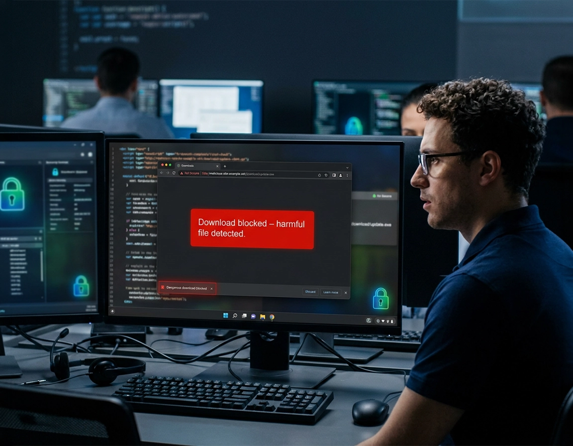 Chrome blocking a malicious download triggered by a compromised website
