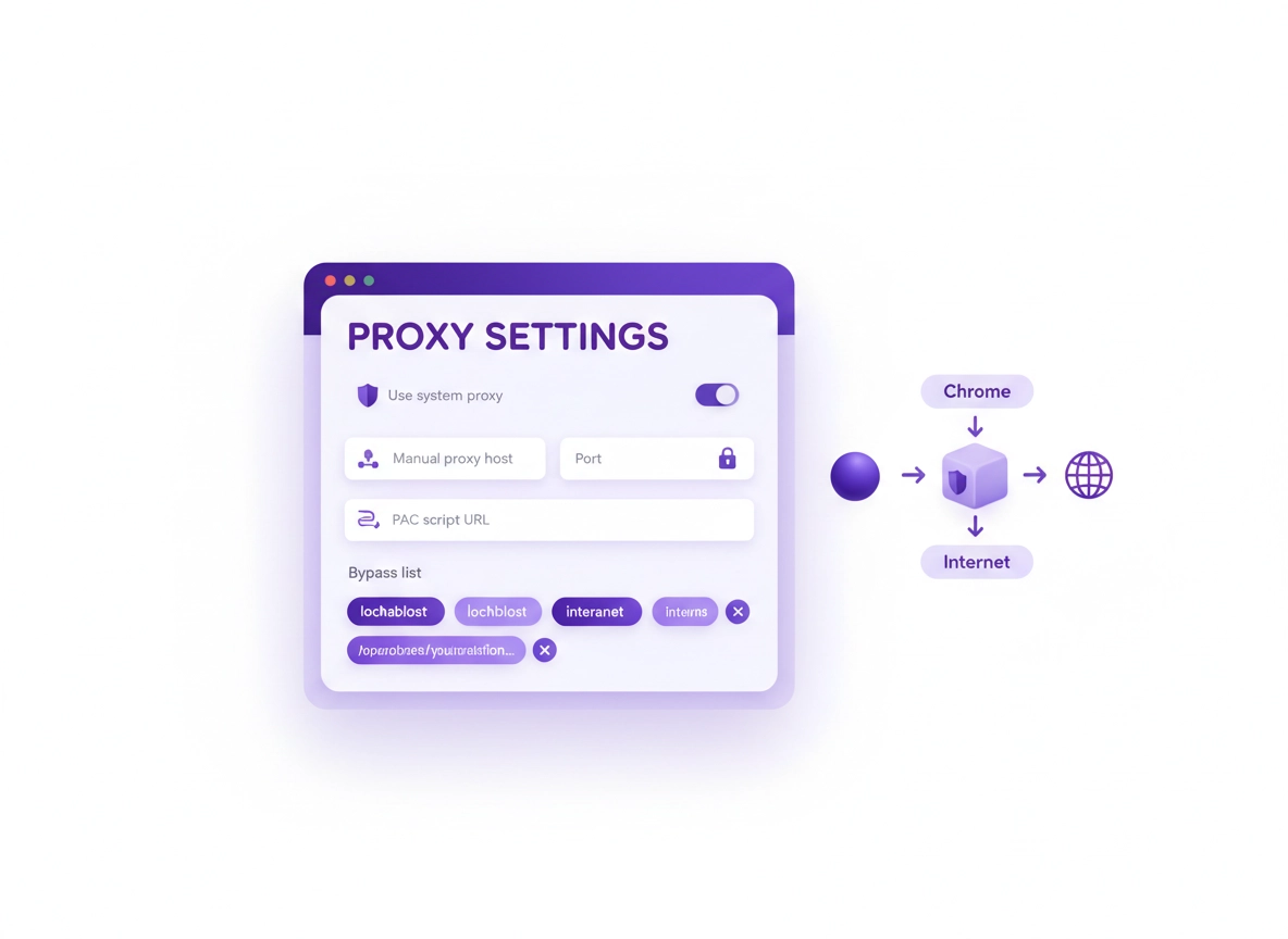 Chrome proxy settings guide illustration showing system proxy, manual proxy, and PAC URL options