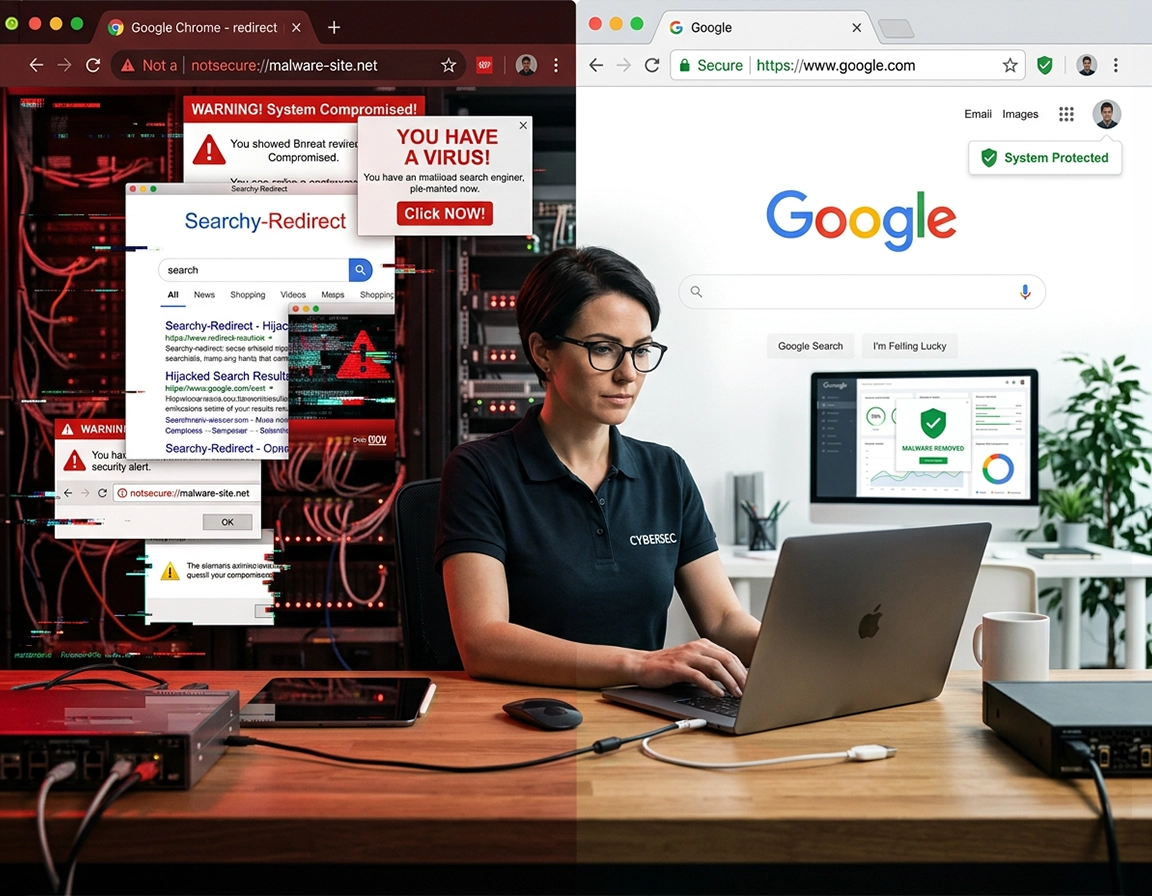 Fix Chrome redirect virus and remove browser hijacker restoring normal browsing