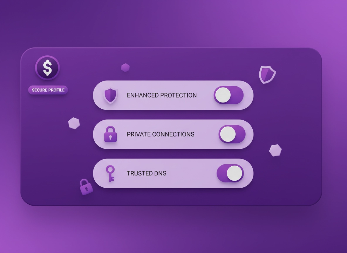 Chrome secure browser setup checklist with Safe Browsing, HTTPS-first, Secure DNS, and permission hardening