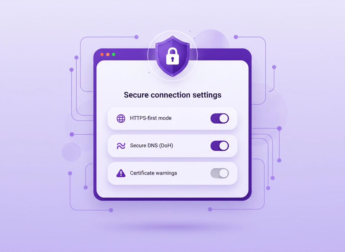 Chrome secure connection settings: HTTPS-first mode, Secure DNS (DoH), and certificate warnings