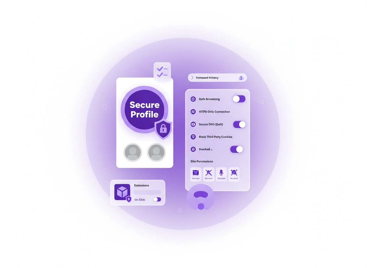 Chrome Secure Profile Setup with shield icon and protected browser profile illustration