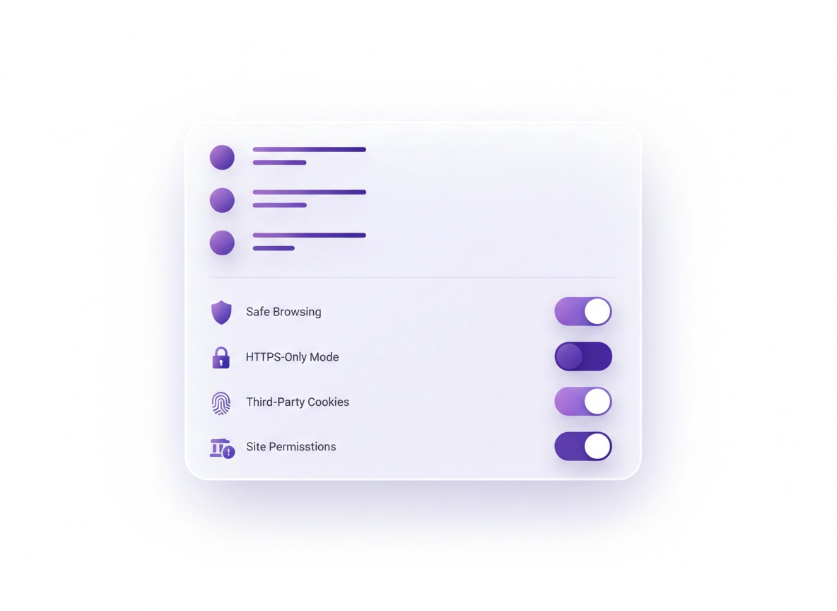 Chrome Security and Privacy Checklist showing Safe Browsing, HTTPS-Only Mode, Secure DNS, cookies, and site permissions controls