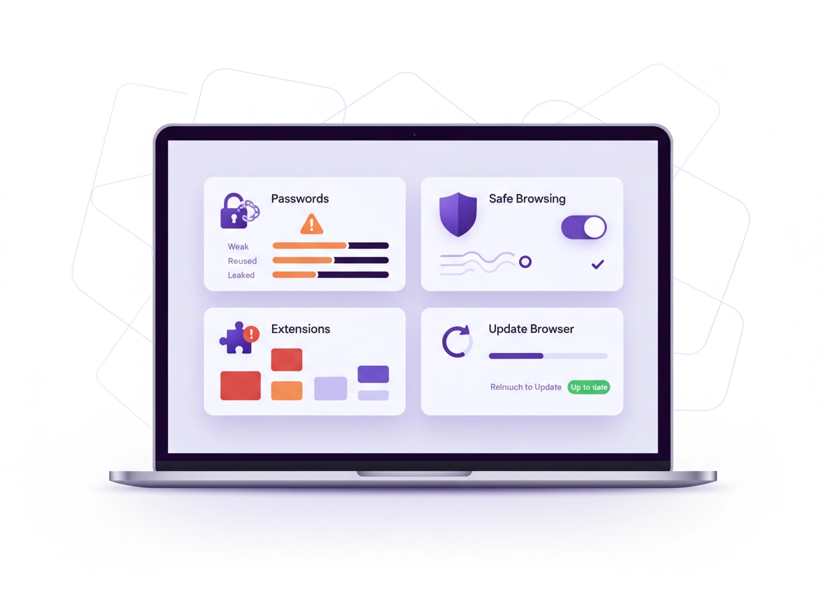 Chrome Security Checkup (Safety Check) dashboard with passwords, extensions, Safe Browsing, and update status