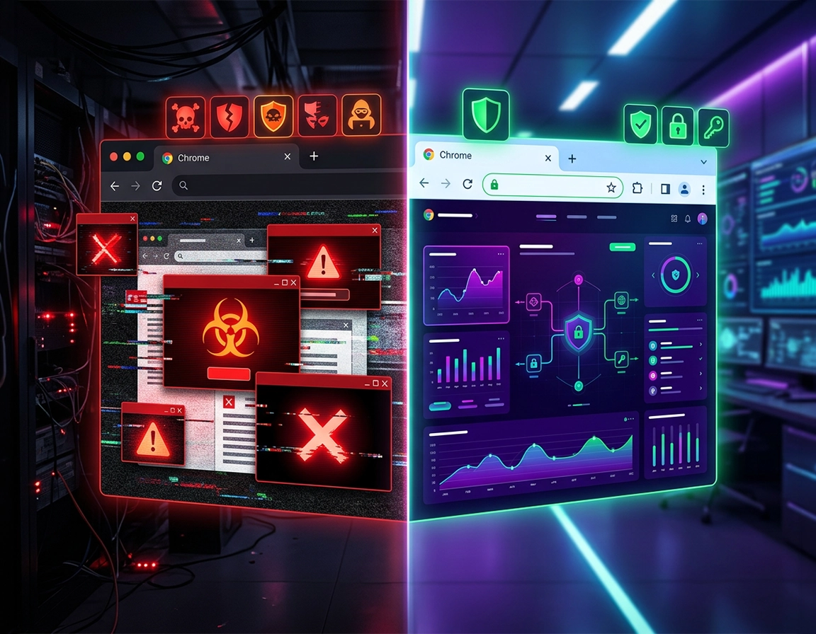Chrome malware hardening illustration showing security controls, extension review, secure connections, DNS protection, and browser shield elements in a purple ChromeThemer style.