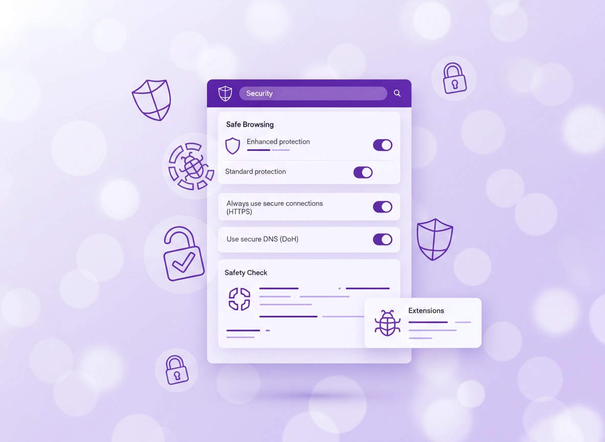 Chrome security settings for malware protection (Safe Browsing, secure DNS, HTTPS warnings, and extension hardening)