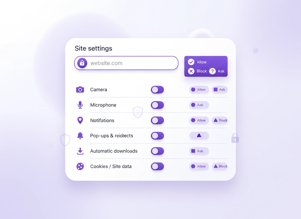 Chrome Site Permissions Settings – camera, microphone, location, notifications, pop-ups and downloads controls