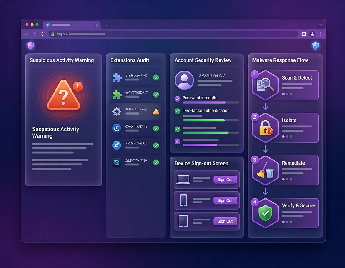 Chrome security illustration showing a suspicious activity warning, extensions review, Safety Check, account review, and browser reset decision points.