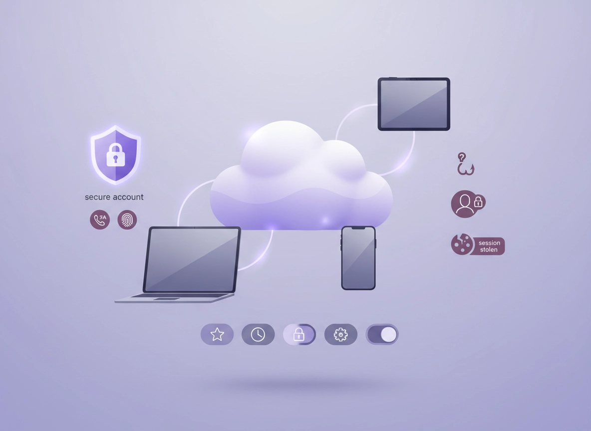 Chrome Sync security illustration showing multiple devices connected to a cloud with a lock and shield icons, representing account protection and encrypted syncing.