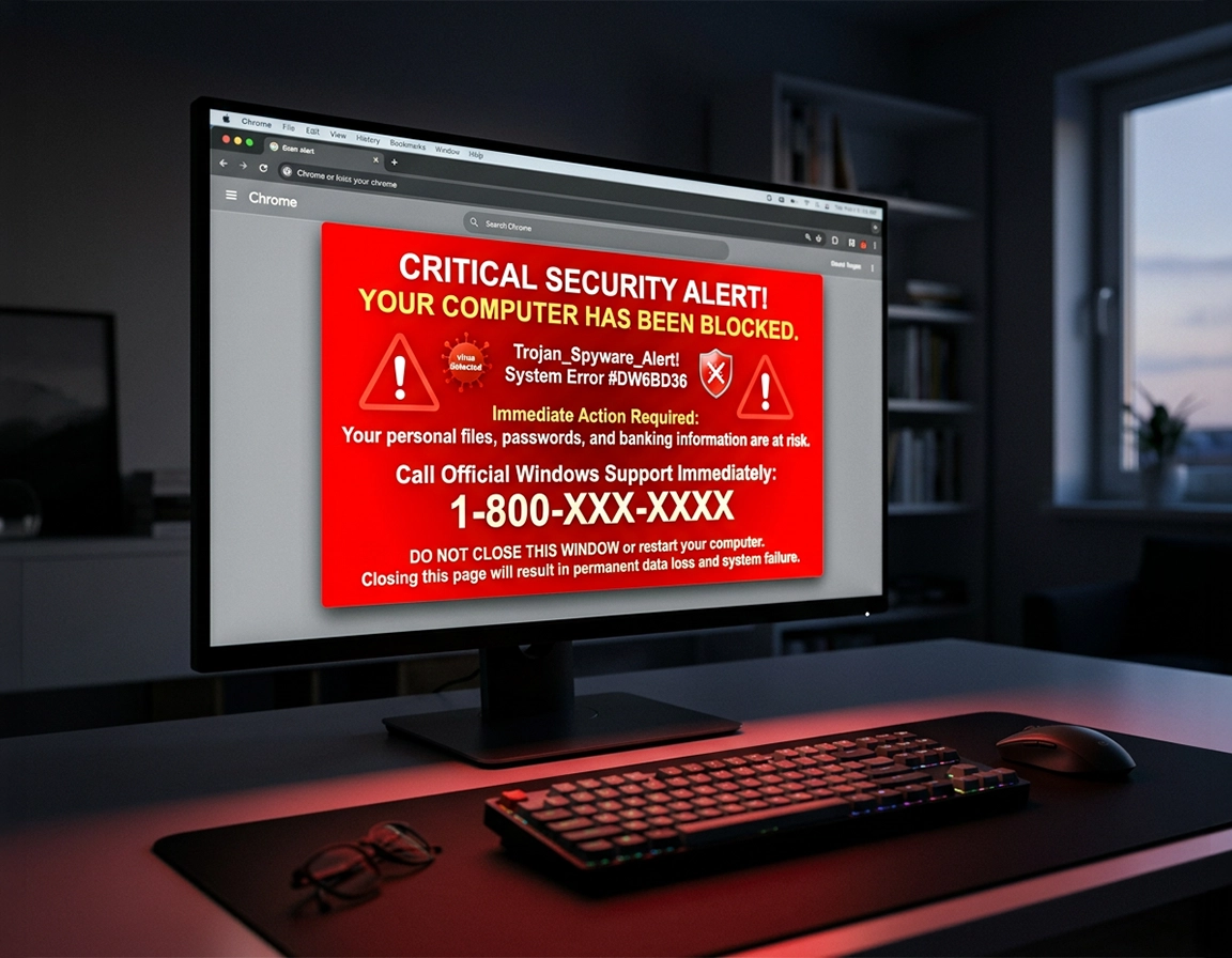 Illustration of a fake Chrome security warning page with a bogus support number, alert dialogs, and a user closing the browser safely in a ChromeThemer purple style.