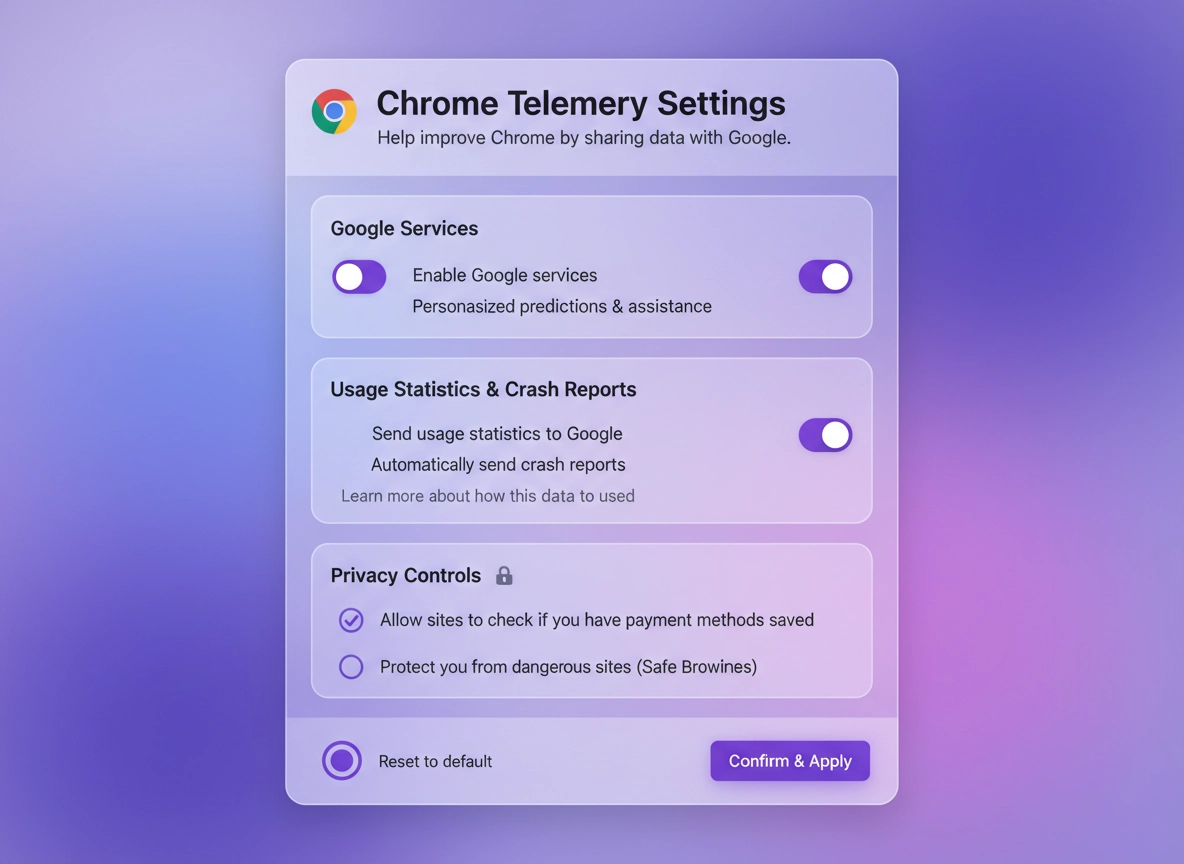 Chrome telemetry settings showing how to disable usage statistics and crash reports
