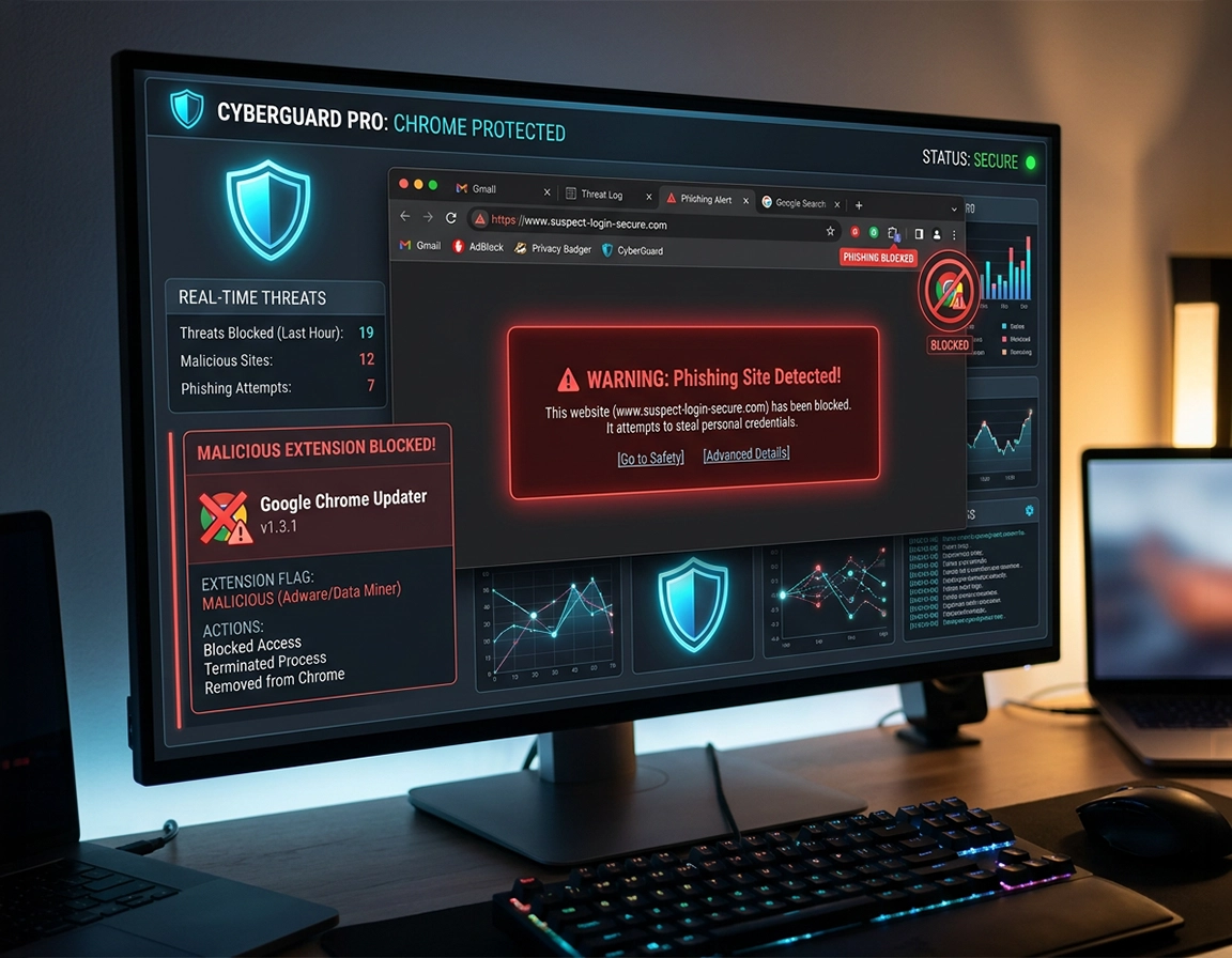 Chrome browser threat protection blocking malicious extensions and phishing attacks in real time