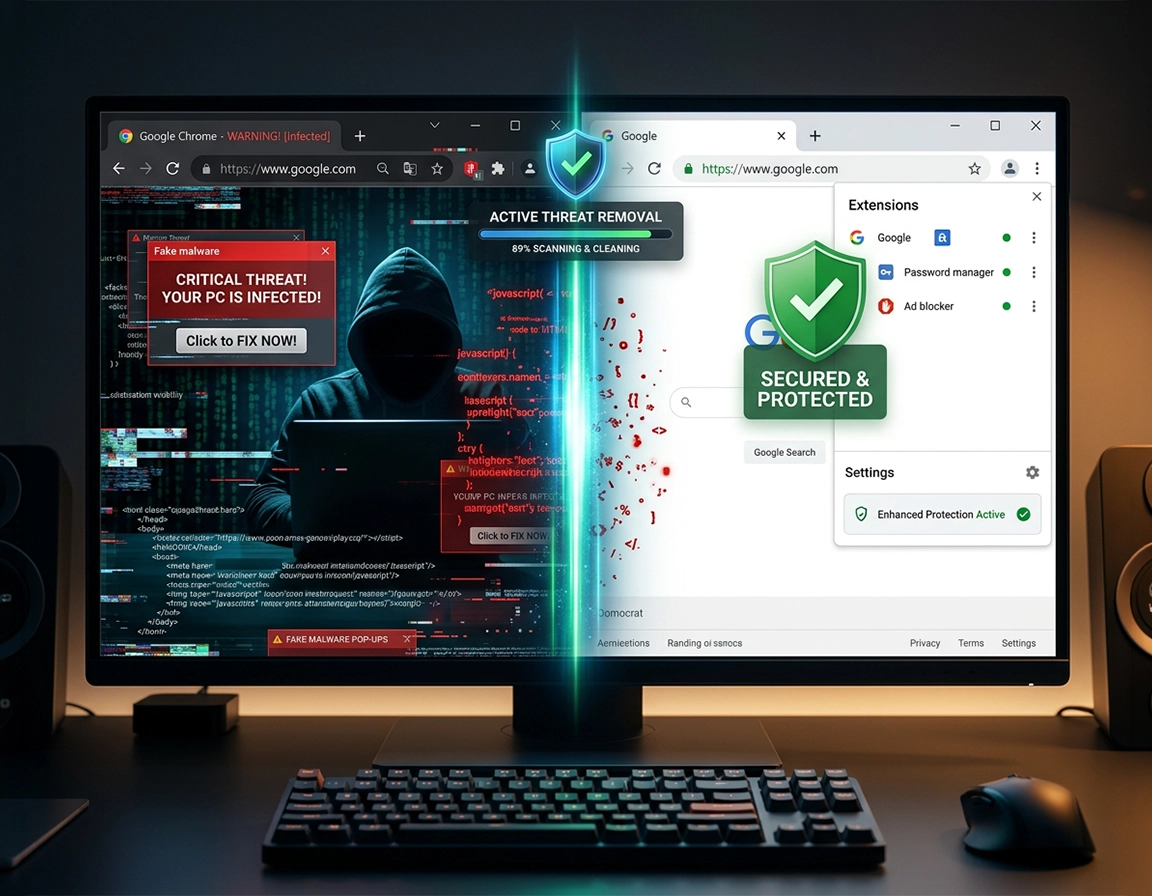 Illustration showing a compromised Chrome browser with redirects and malicious extension behavior on one side and a cleaned, secured Chrome environment on the other.